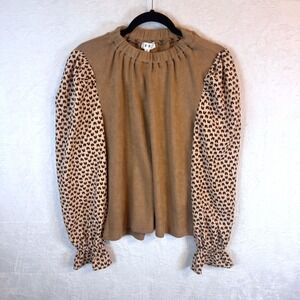 THML Top Puff Sleeve Mixed Print Small Tan Womens